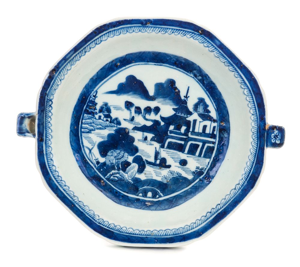 Appraisal: Chinese Canton Blue White Warming Plate Chinese canton decorated blue