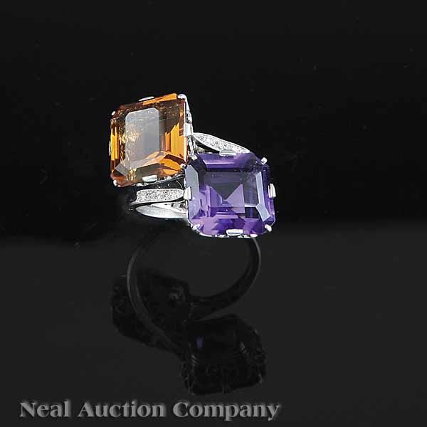 Appraisal: An Art Deco Platinum Amethyst Citrine and Diamond Cross-Over Ring