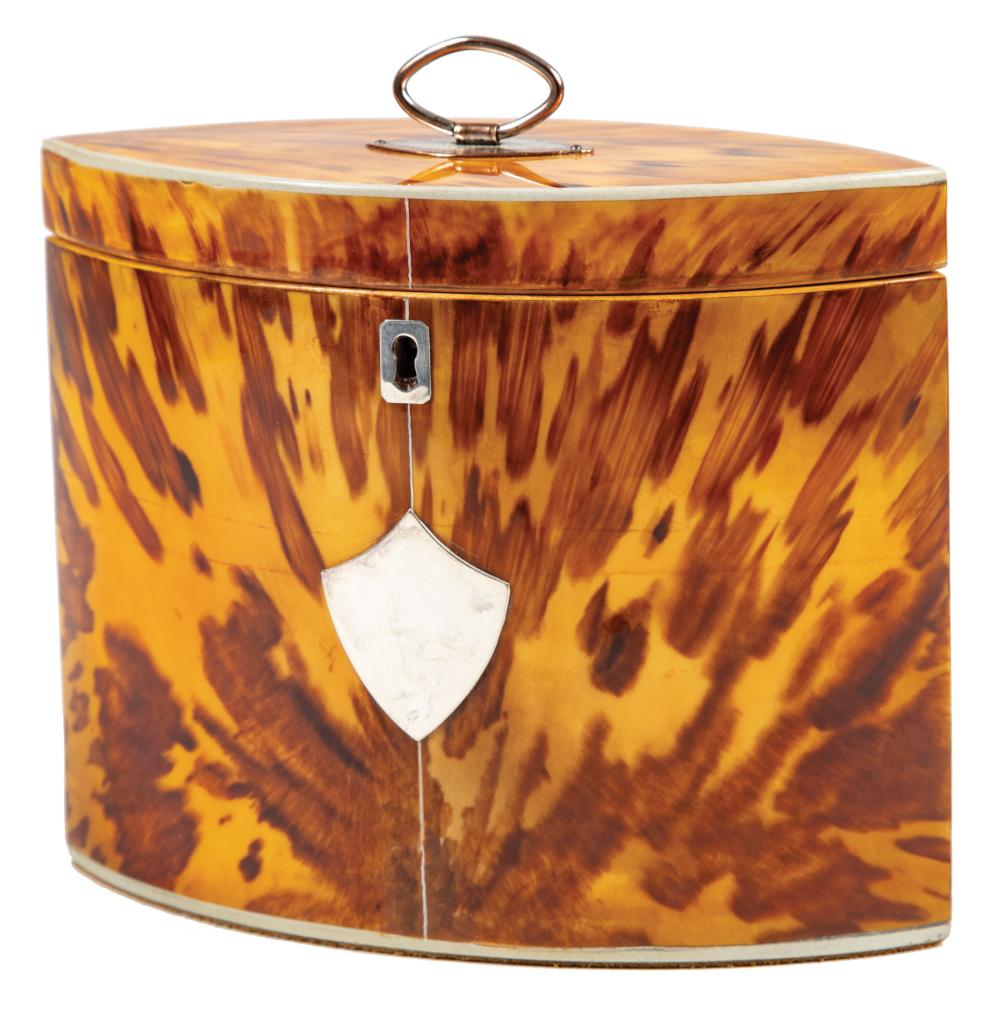 Appraisal: Regency Navette-Form Tortoiseshell Tea Caddy th c bail handle interior