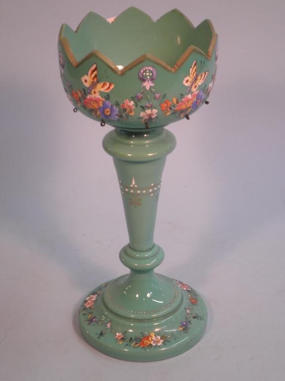 Appraisal: A Victorian turquoise glass lustre decorated in coloured enamels with