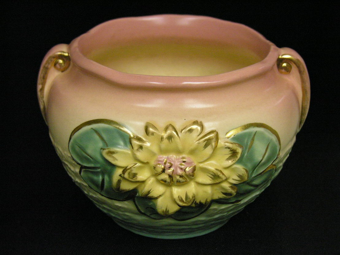 Appraisal: UNUSUAL HULL WATERLILY JARDINIERE L- - Factory gold leaf Condition