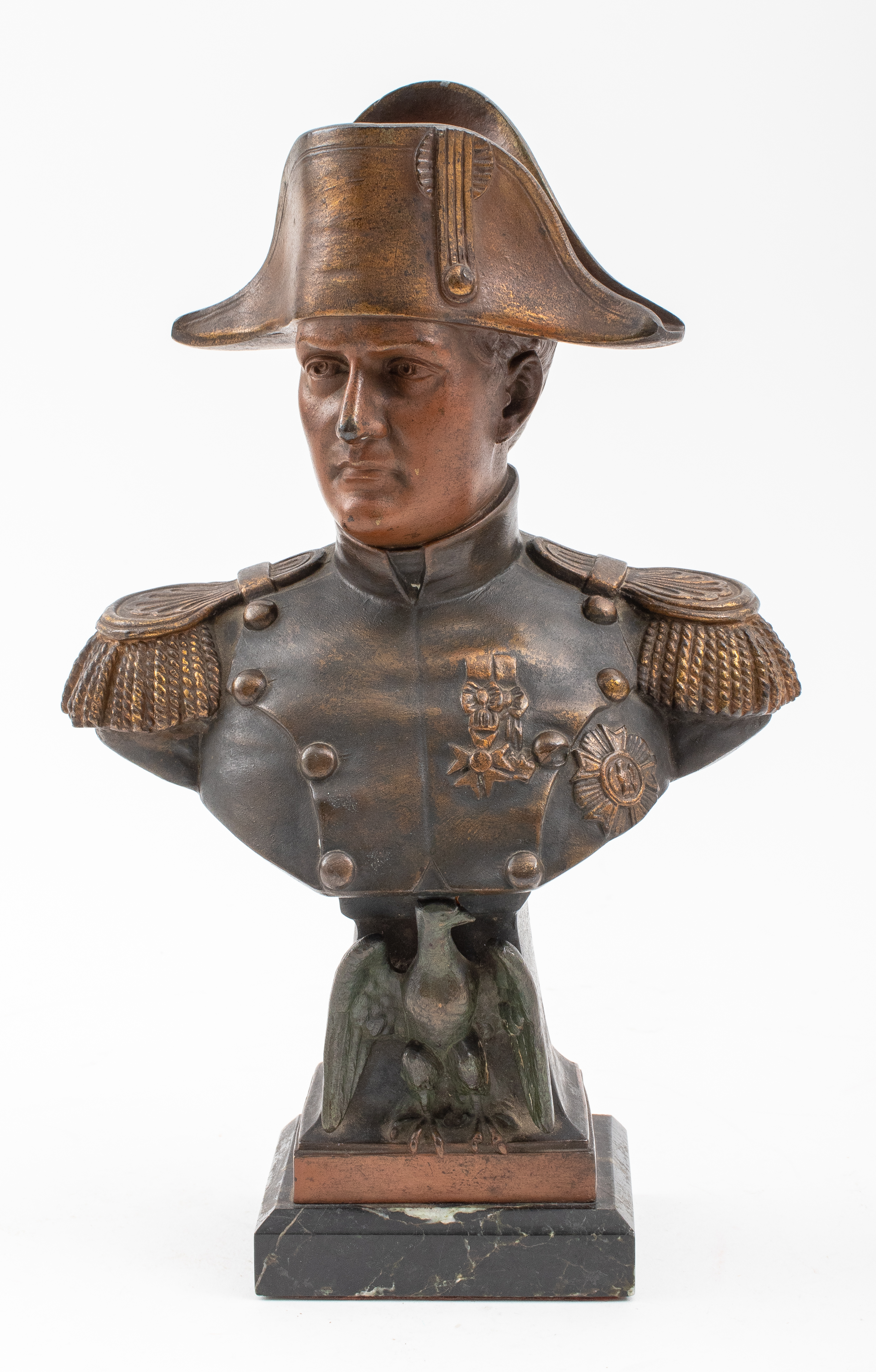 Appraisal: SIGNED FRENCH SPELTER BUST OF NAPOLEON ON MARBLE French spelter