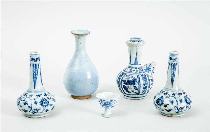 Appraisal: PALE BLUE-GLAZED PEAR-FORM VASE AND FOUR BLUE AND WHITE SMALL