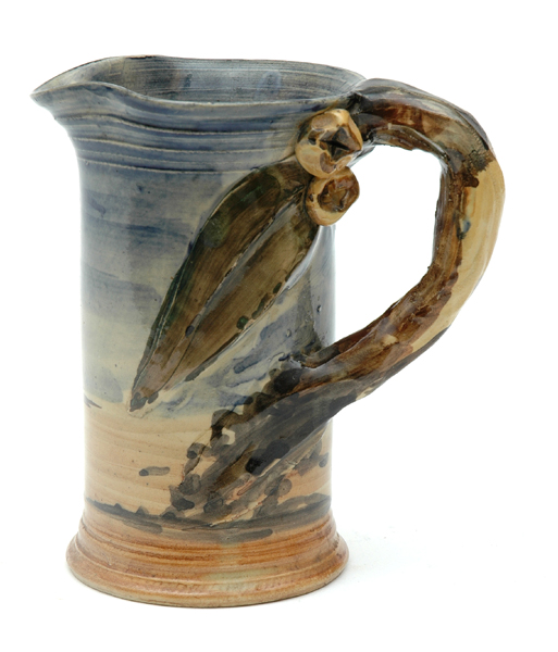 Appraisal: REMUED Victoria circa Cylindrical earthenware branch handled jug with applied