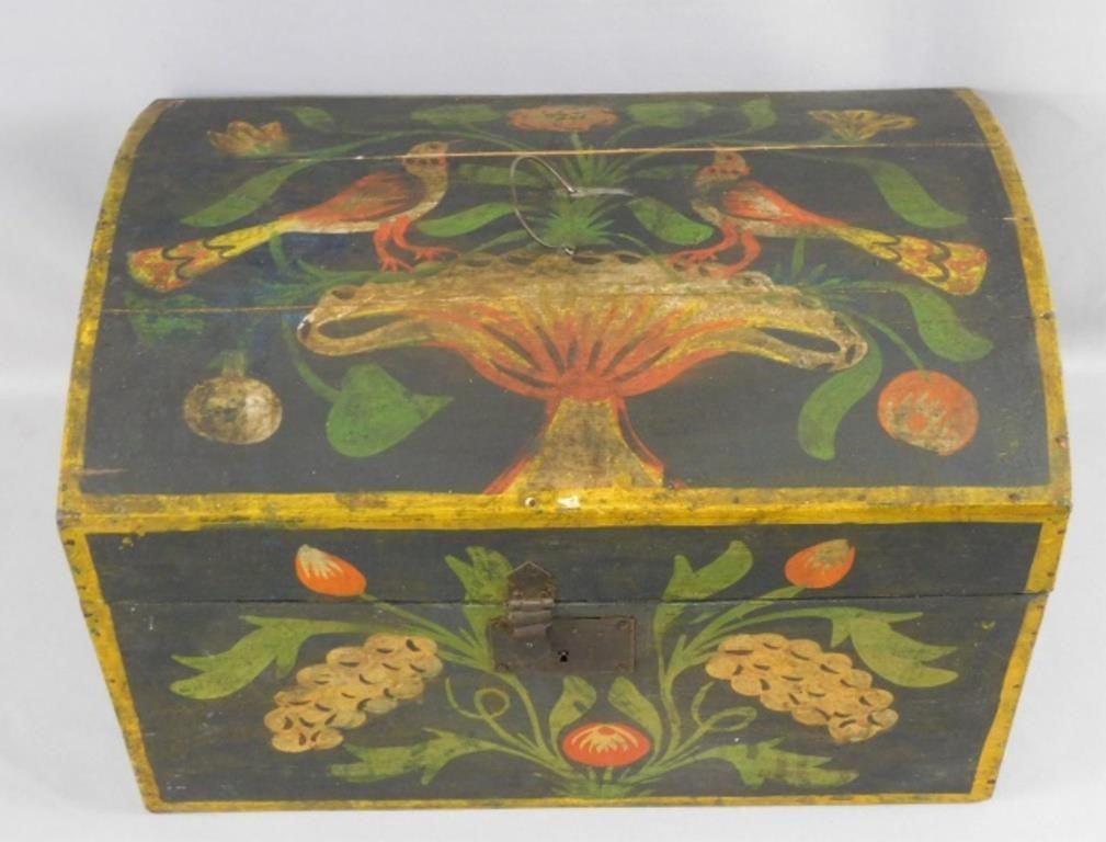 Appraisal: PAINTED FRENCH MARRIAGE BOX NORMANDY TH C Dome top bird