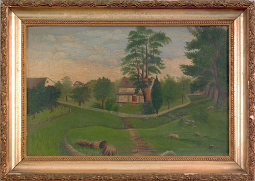 Appraisal: American oil on board primitive landscape with farm house signed