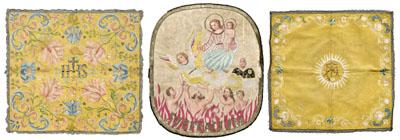 Appraisal: Three embroidered altar pieces one painted and embroidered over silk