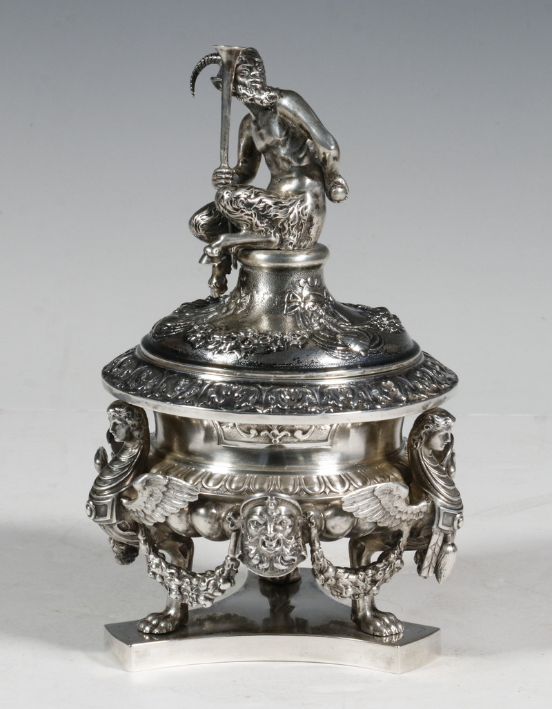 Appraisal: ITALIAN SILVER FIGURAL CAVIAR DISH G ACCARISI FIRENZE Silver Lidded