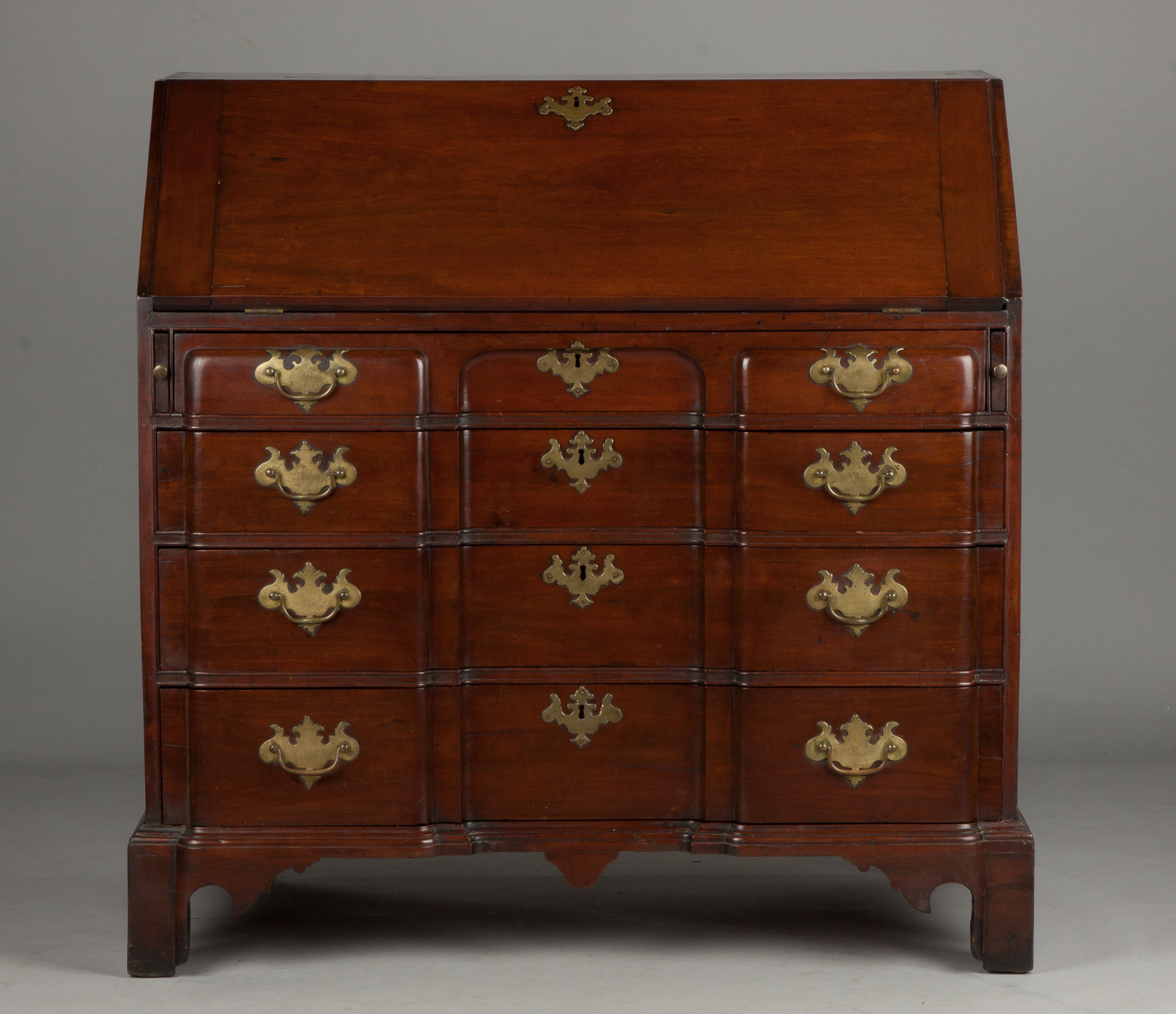 Appraisal: Chippendale Figured Mahogany Block Front Desk MA th cent Shell