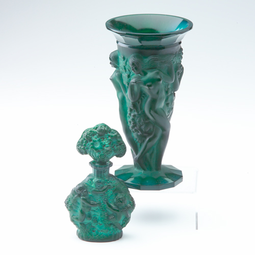 Appraisal: Malachite art glass green vase with three dancing women and