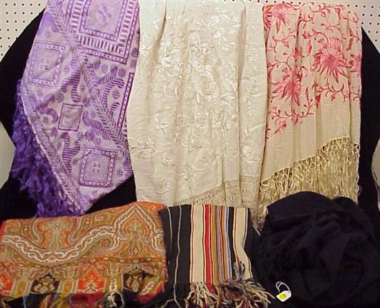 Appraisal: Three shawls one polychrome stripe one black one purple and