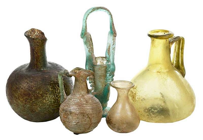 Appraisal: Five Roman Iridescent Glass Bottles possibly first to third century