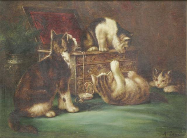 Appraisal: LAUX August Oil on Canvas Cats in a Jewelry BoxSigned