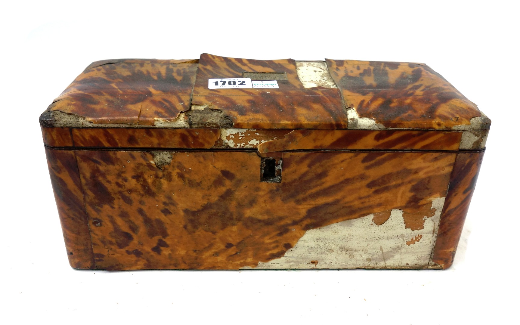 Appraisal: A Regency tortoiseshell veneered rectangular tea caddy with twin lidded