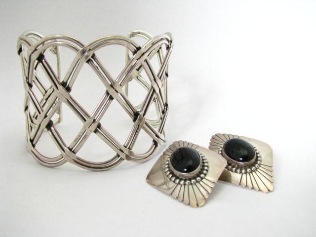 Appraisal: Mexican silver open weave design '' wide cuff bracelet and