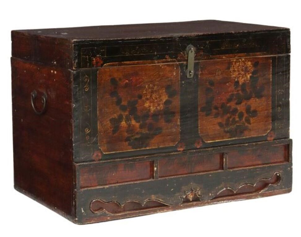 Appraisal: Chinese opera chest storage trunk hinged top open interior front