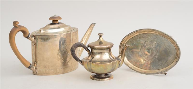 Appraisal: GEORGE III ENGRAVED SILVER TEAPOT AND MATCHING STAND AND A