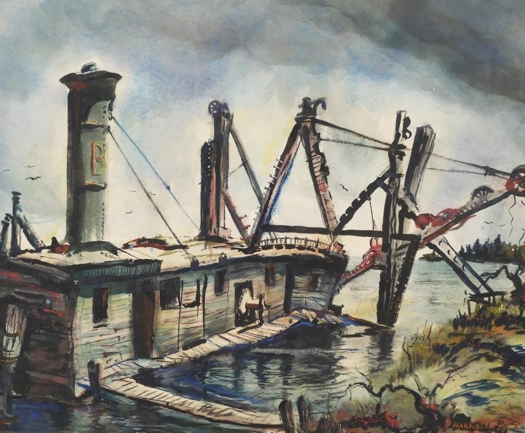 Appraisal: WPA era industrial watercolor of a dock scene signed Harries