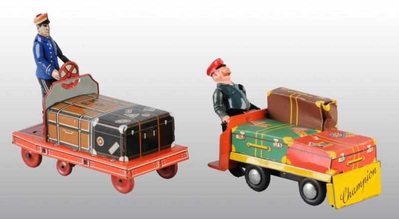 Appraisal: Lot of Tin Baggage Cart Wind-Up Toys Description German Circa