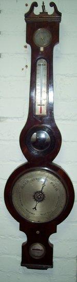 Appraisal: A mahogany five-part wheel barometer by W Cave and Dover