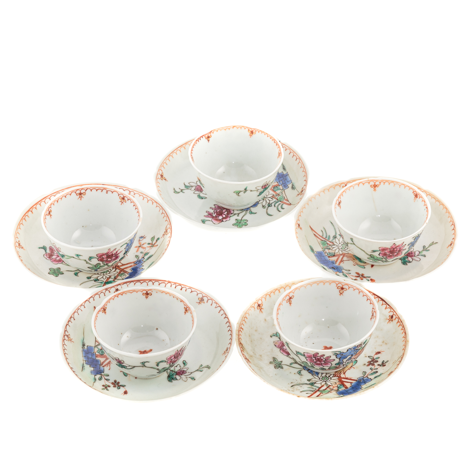 Appraisal: FIVE CHINESE EXPORT FAMILLE ROSE CUPS SAUCERS Circa with pheasant