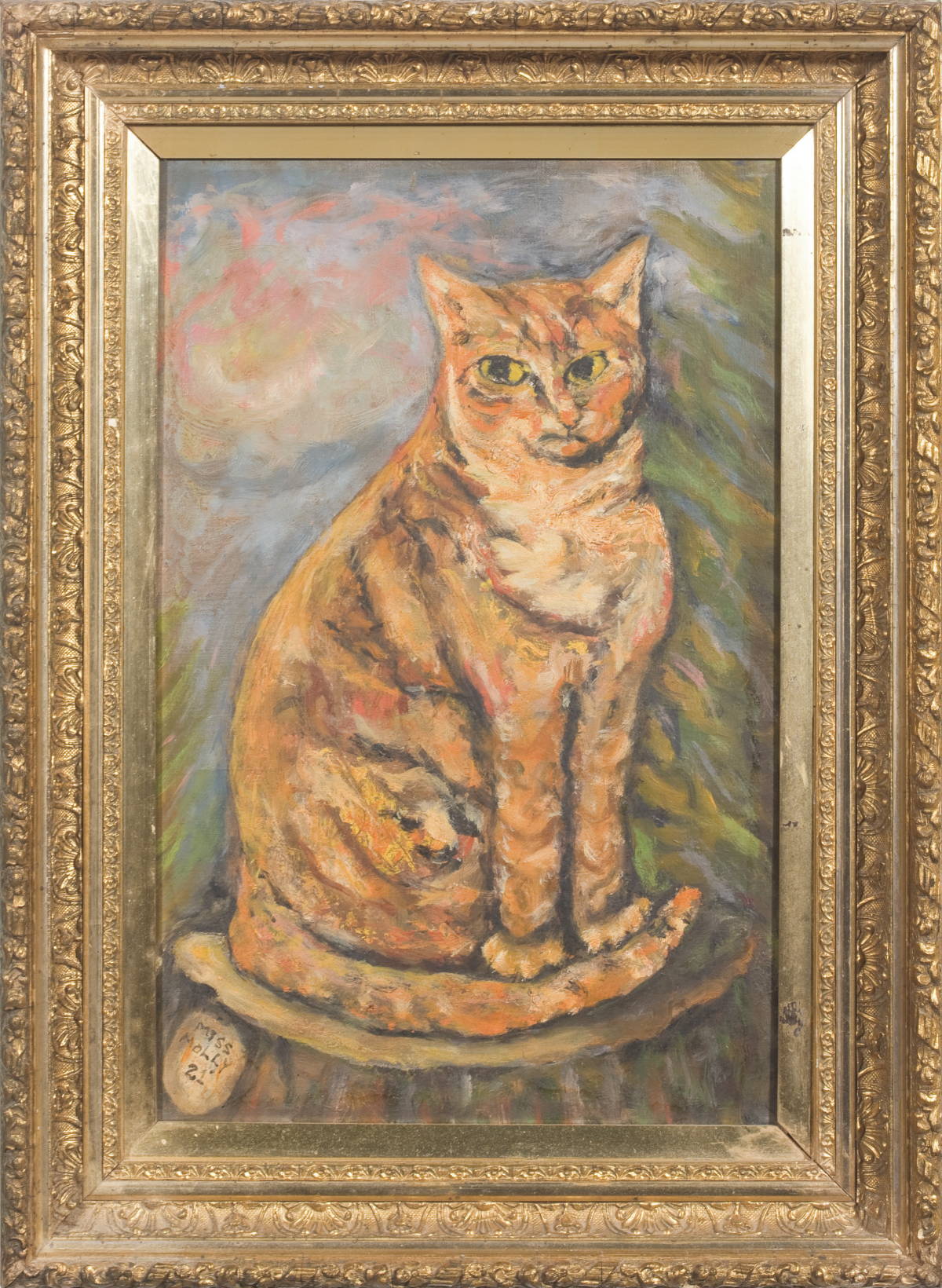 Appraisal: ORANGE TABBY CAT quot MISS MOLLY quot Oil on canvas