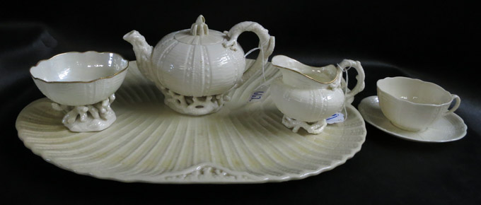 Appraisal: BELLEEK TEA WARE AND SERVING TRAY six pieces Echinus tea