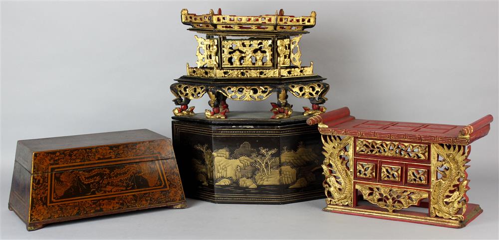 Appraisal: THREE SOUTHEAST ASIAN CARVED AND GILDED ITEMS including a stand