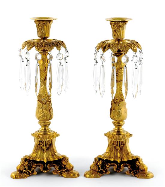 Appraisal: Pair Continental gilt bronze candleholders grapevine design with prisms H