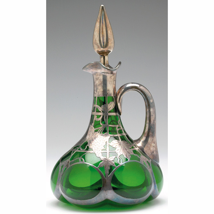 Appraisal: Steuben decanter attribution bulbous form in green glass with silver