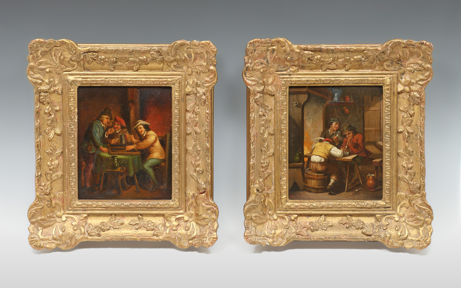 Appraisal: PAINTINGS ON TIN SIGNED TENIERS Dutch Tavern Interior Genre Scenes