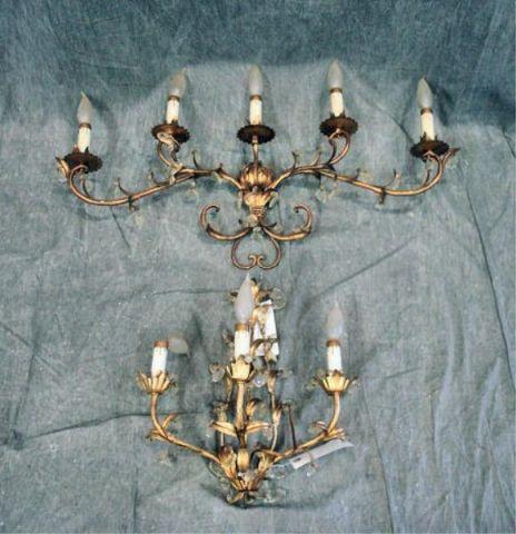 Appraisal: Gilt Metal Crystal Leaf Form Sconces From a Long Island