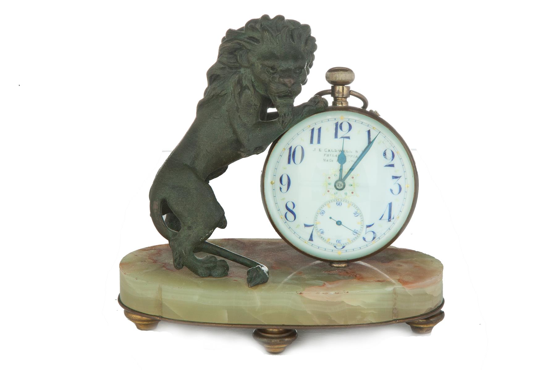 Appraisal: CALDWELL DESK CLOCK Early th century Bronze lion on onyx