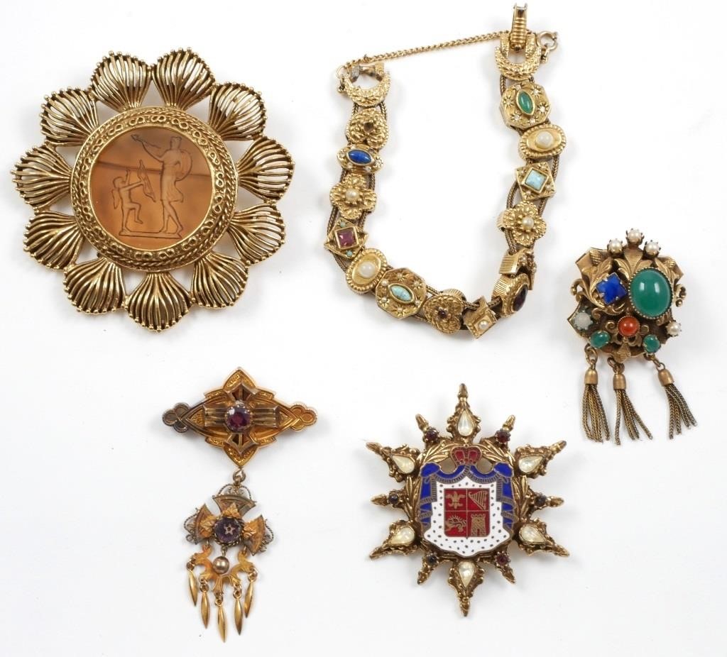 Appraisal: Lot of costume jewelry brooches and Victorian slide charm bracelet