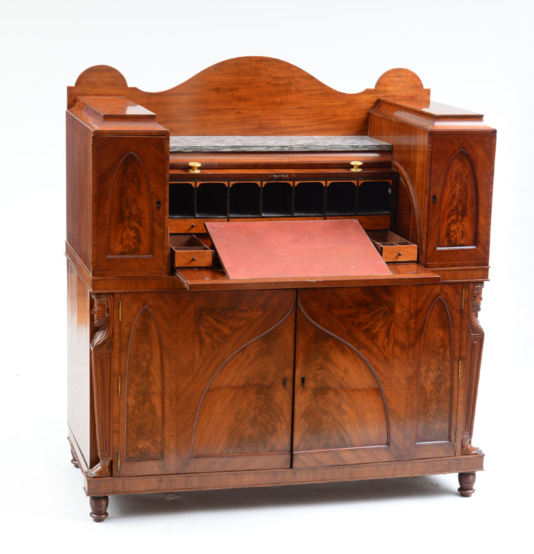 Appraisal: CLASSICAL CARVED MAHOGANY AND FIGURED MAHOGANY CYLINDER-FRONT DESK PHILADELPHIA OR