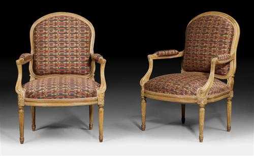 Appraisal: PAIR OF CARVED BEECHWOOD FAUTEUILS A LA REINE Louis XVI