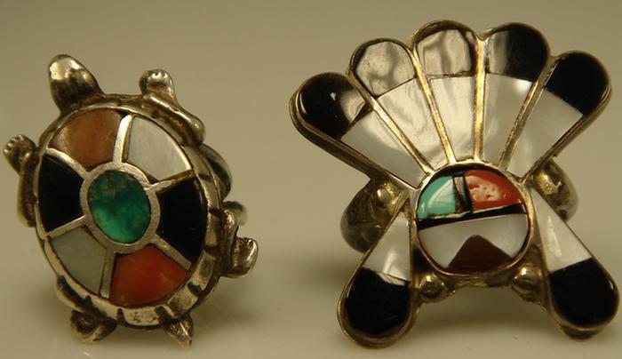 Appraisal: Silver Rings Unmarked with inlaid turquoise coral mother of pearl