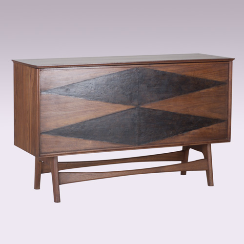 Appraisal: VAL ROBBINS Parquetry stereo cabinet on trestle base with corseted