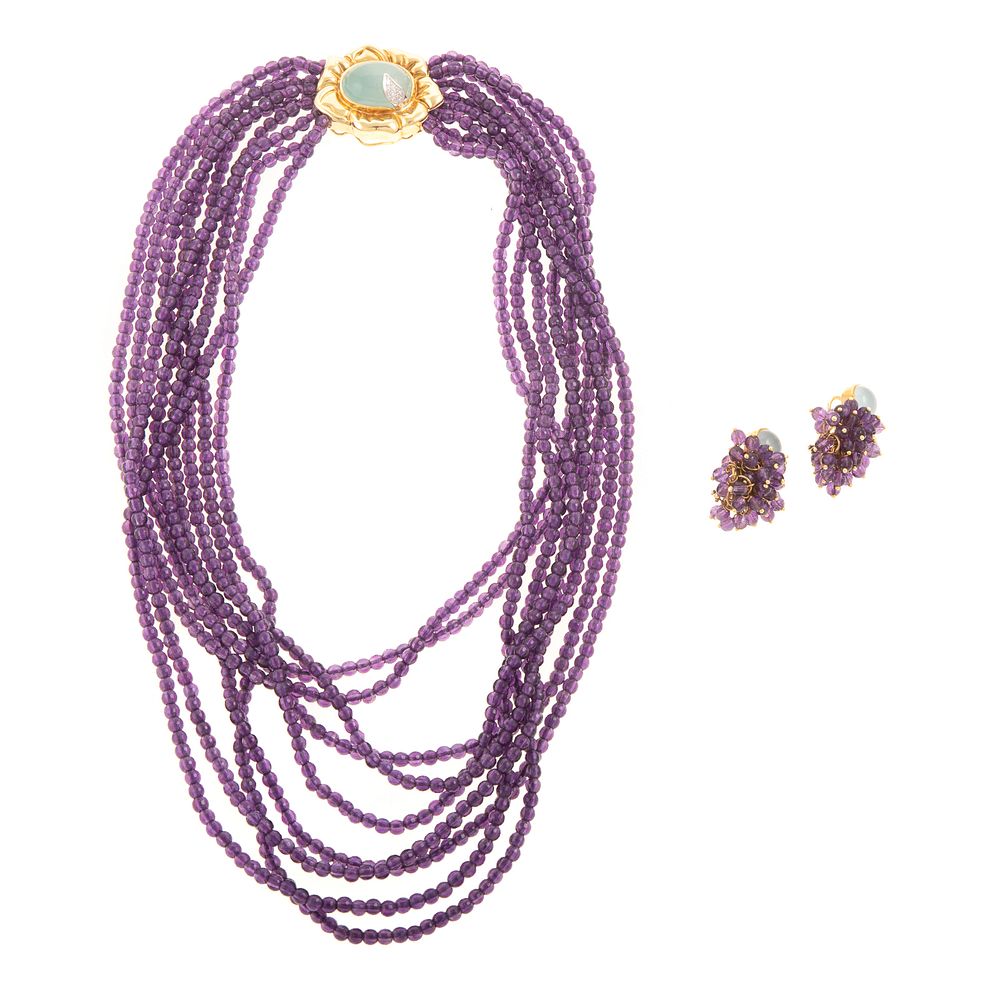 Appraisal: An K Amethyst Aquamarine Necklace w Earrings K yellow gold