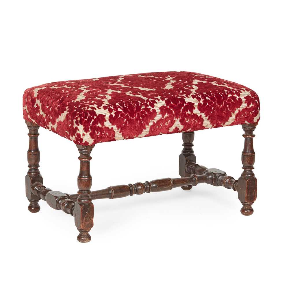 Appraisal: WILLIAM AND MARY WALNUT STOOL the rectangular padded seat covered