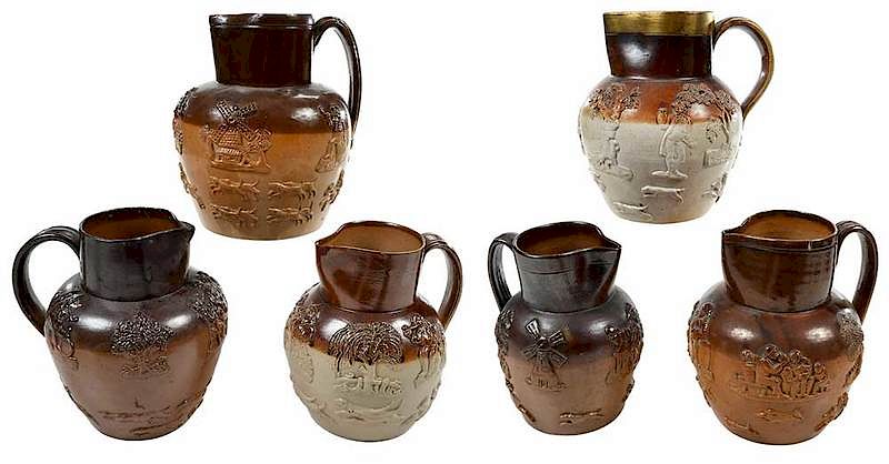 Appraisal: Six Sprig Decorated Stoneware Tavern Pitchers British late th century