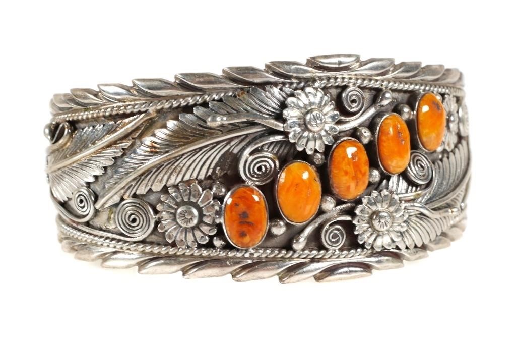 Appraisal: Sterling and Orange Spiny Oyster Cuff Bracelet Signed NM marked