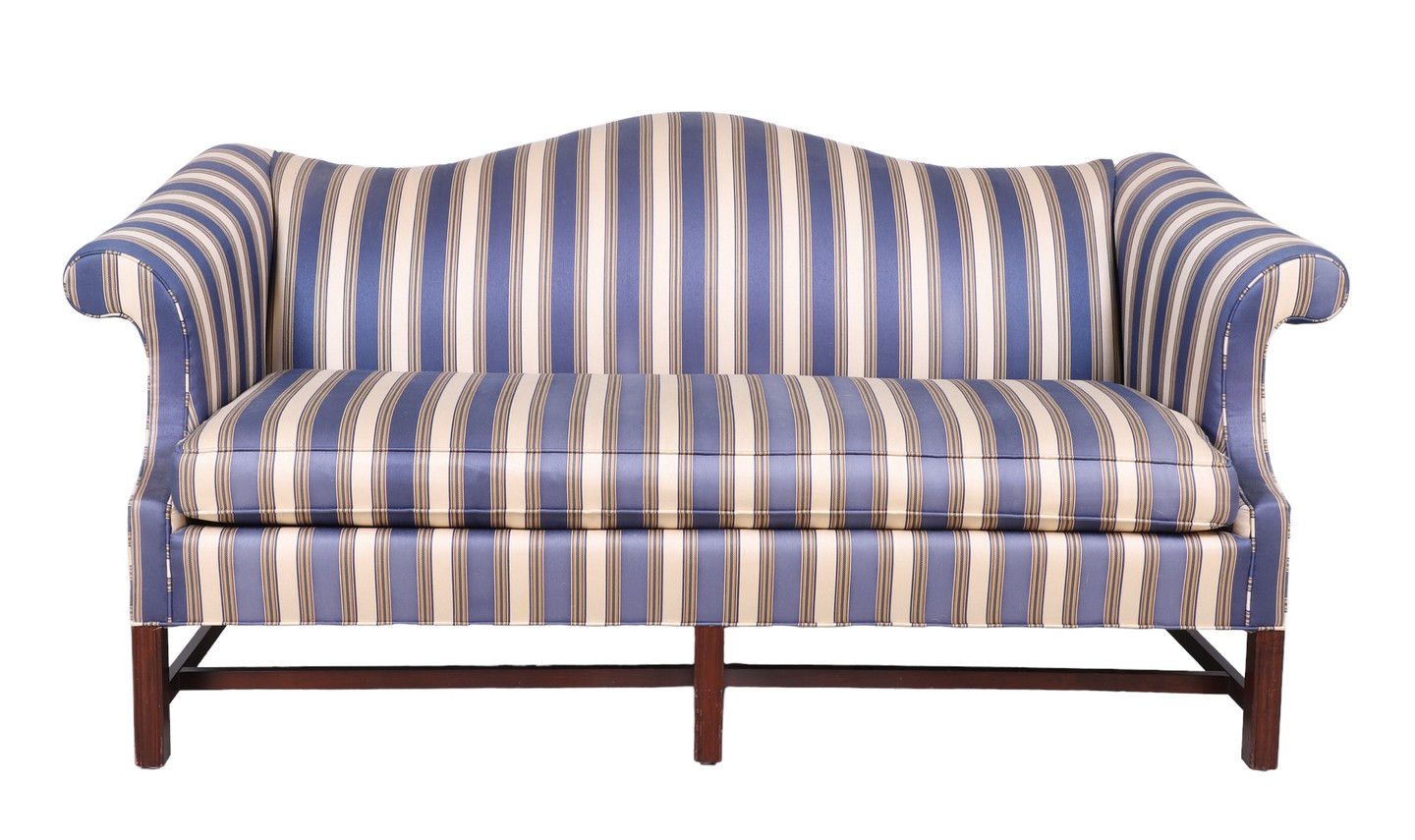 Appraisal: Pennsylvania House Chippendale style camelback sofa striped upholstery mahogany stretcher