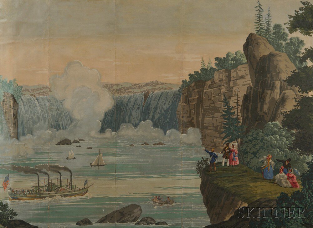 Appraisal: Framed Zuber Panoramic Niagara Falls Block-printed Wallpaper Panels from Vues