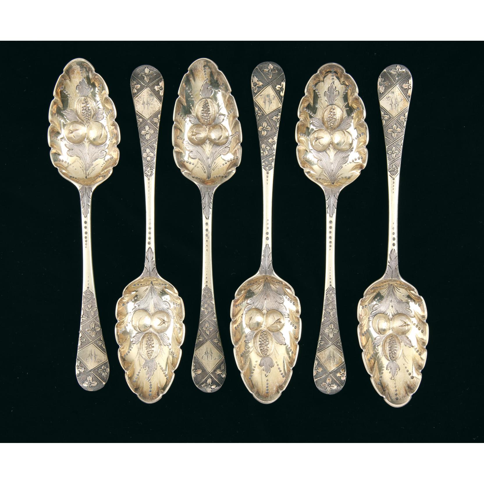 Appraisal: A Cased Set of Six Georgian Silver Gilt Berry Spoons