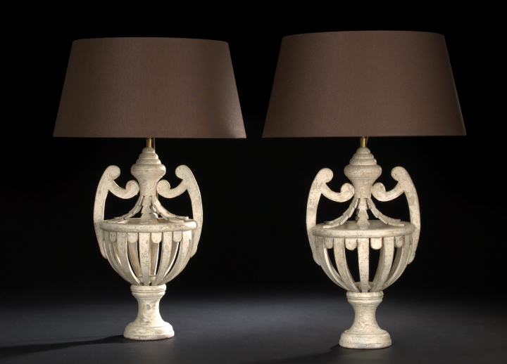 Appraisal: Large Pair of Italian Two-Handled Open-Staved Wooden Vasiform Table Lamps