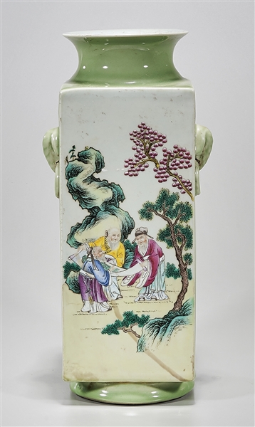 Appraisal: Chinese enameled porcelain four-faceted vase green glaze with scenes of