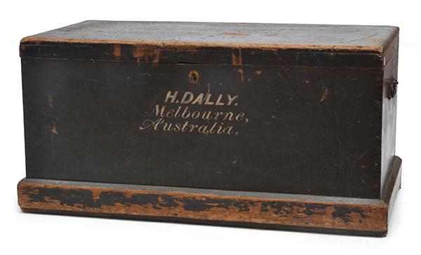 Appraisal: PAINTED WOODEN TRUNK WITH WHITE LETTERING TO FRONT 'H DALLY