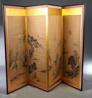 Appraisal: Contemporary Oriental Four Panel Watercolor Dressi Contemporary Oriental Four Panel