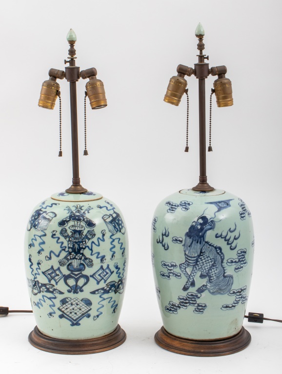 Appraisal: CHINESE BLUE OVERGLAZE CELADON JAR LAMPS PAIR Pair of Chinese